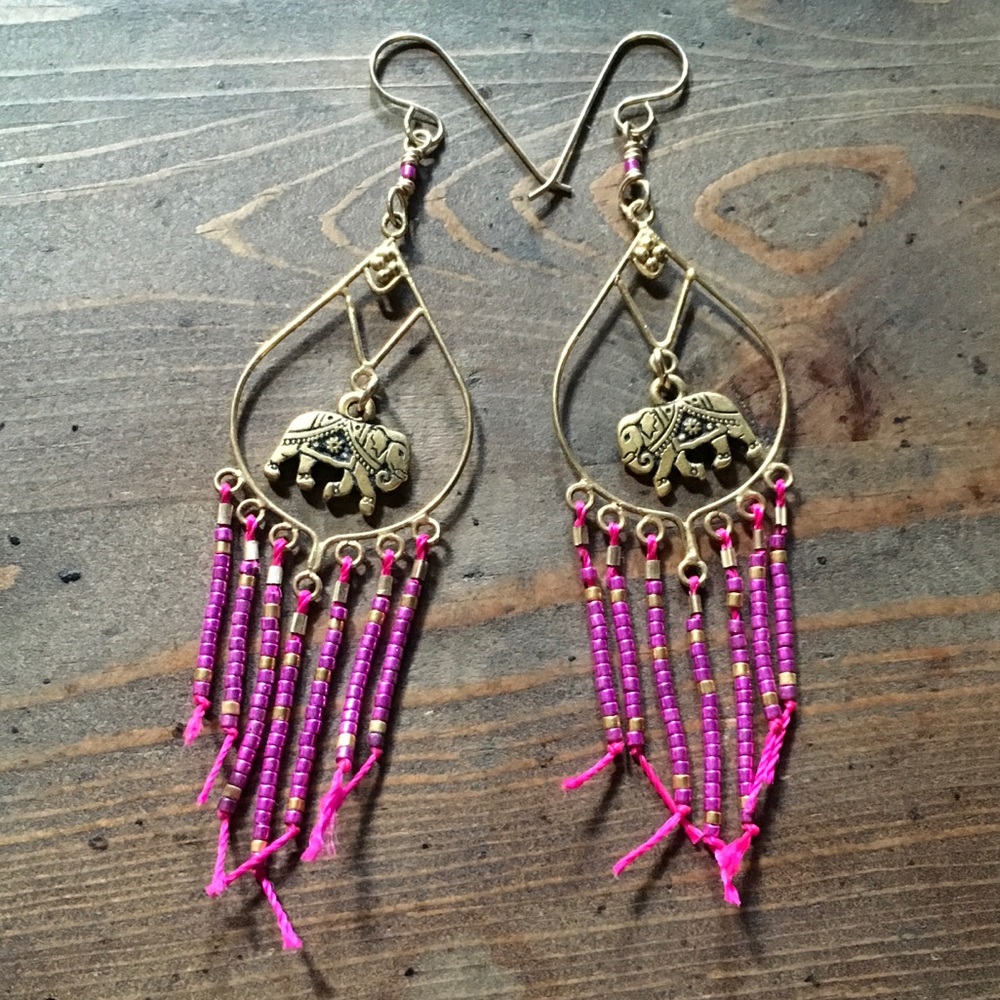 Hot pink & Gold Elephant beaded fringe Earrings